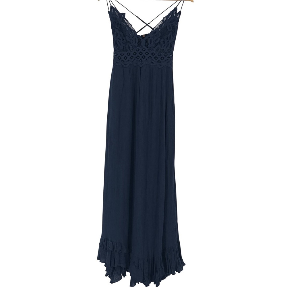 Free People One Womens Maxi Dress L/G Navy Blue Lace Ruffle Boho Strappy